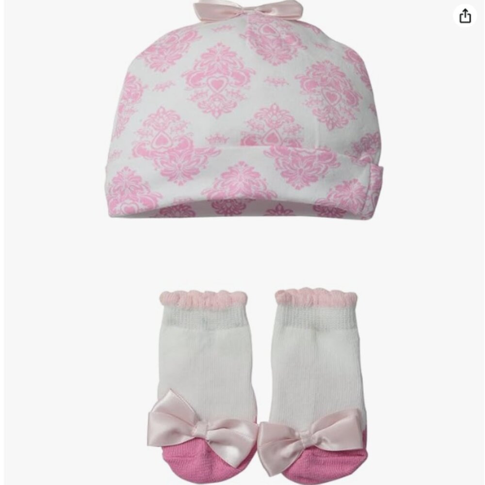 NEW Lovespun Baby Girl Newborn Damask 2-Piece Hat and Socks Set, Sz. Newborn